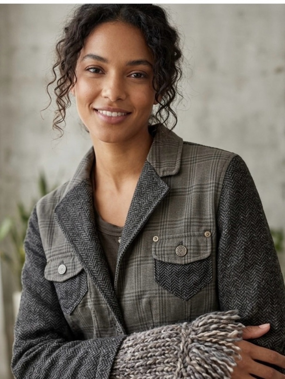 Tricot Chic Italy | Mixed Media Plaid & Knit Fringe Jacket - US 10